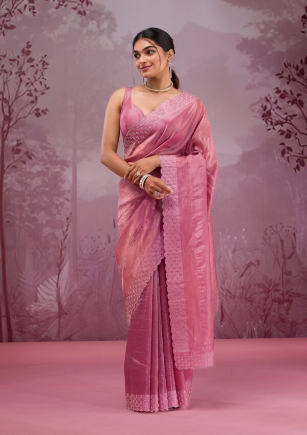 Elegant Onion Pink Tissue Saree Adorned with Sparkling Swarovski Crystals - Image 3