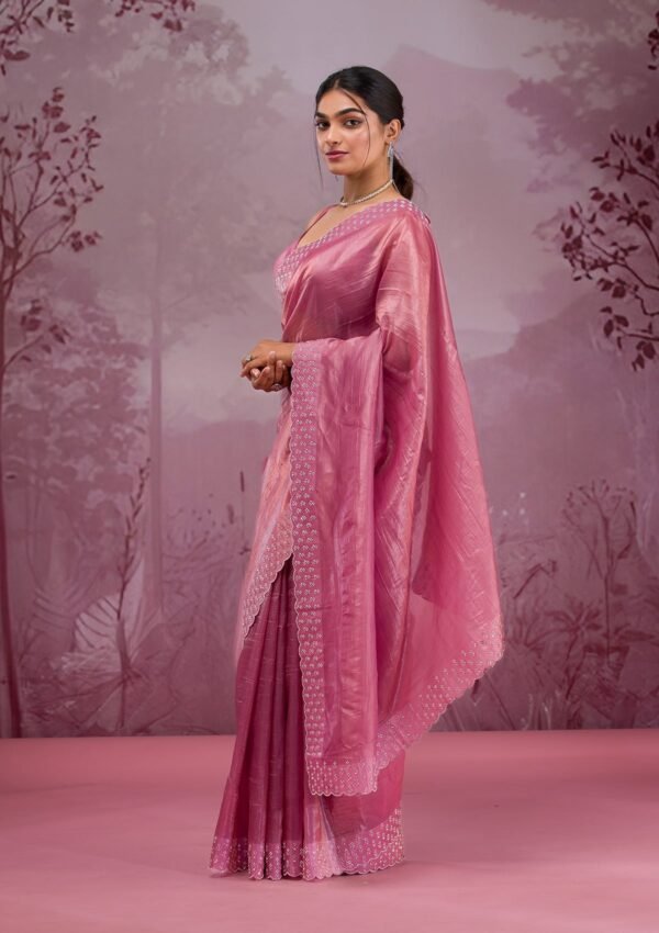 Elegant Onion Pink Tissue Saree Adorned with Sparkling Swarovski Crystals - Image 4