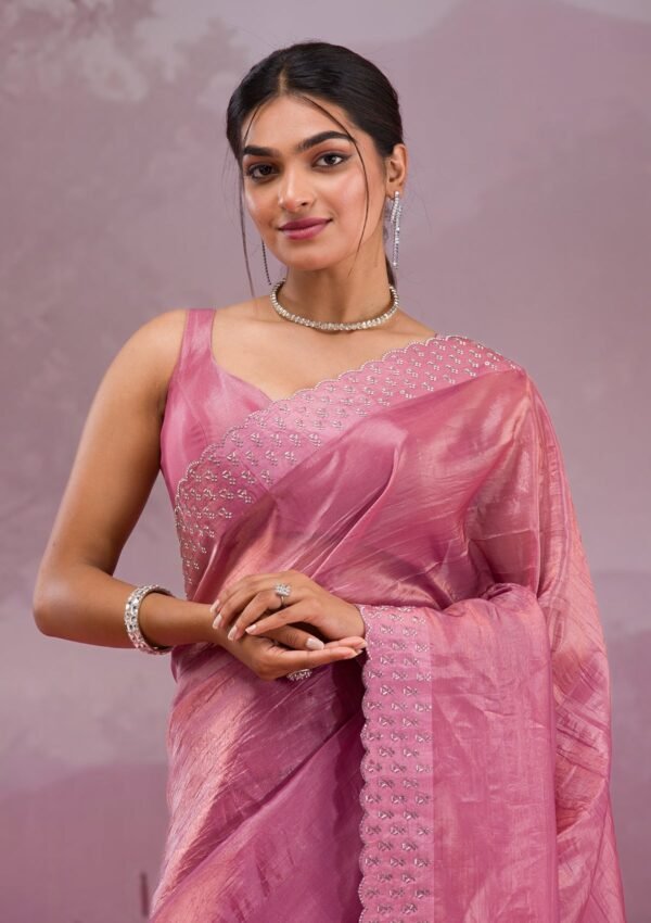 Elegant Onion Pink Tissue Saree Adorned with Sparkling Swarovski Crystals - Image 7