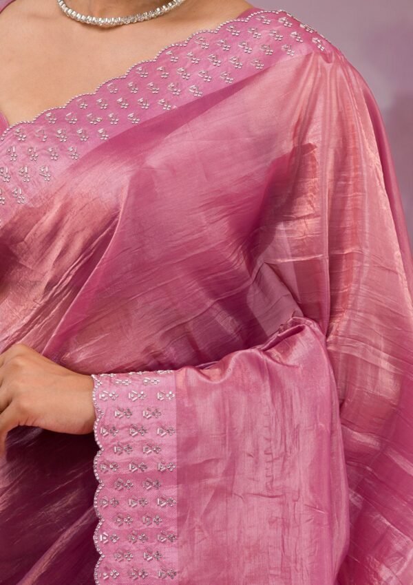 Elegant Onion Pink Tissue Saree Adorned with Sparkling Swarovski Crystals - Image 8