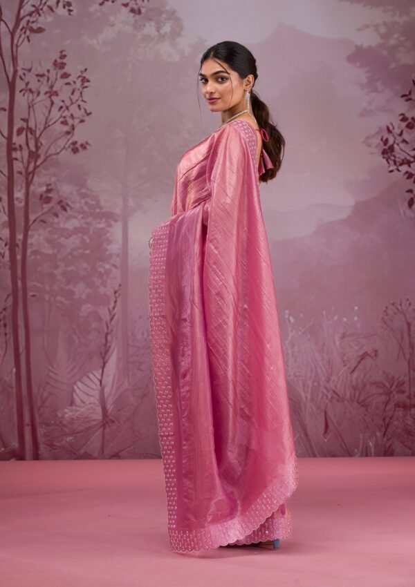 Elegant Onion Pink Tissue Saree Adorned with Sparkling Swarovski Crystals - Image 6