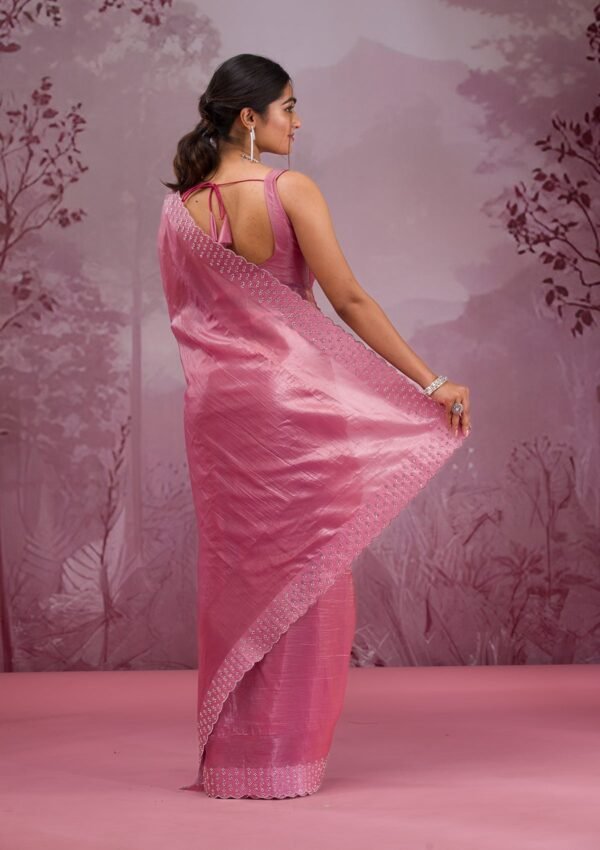 Elegant Onion Pink Tissue Saree Adorned with Sparkling Swarovski Crystals - Image 2