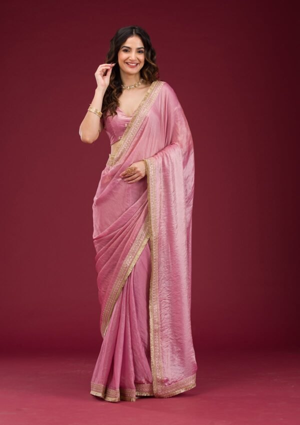 Elegant Pink Tissue Saree with Intricate Onion Threadwork - Image 4