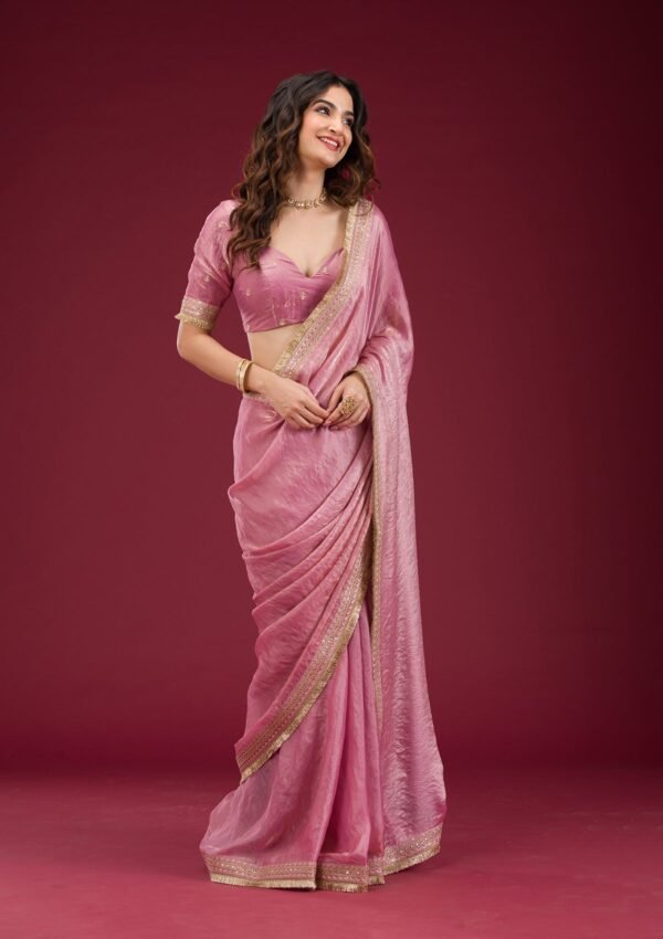 Elegant Pink Tissue Saree with Intricate Onion Threadwork - Image 5
