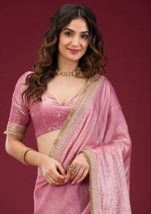 Elegant Pink Tissue Saree with Intricate Onion Threadwork - Image 6