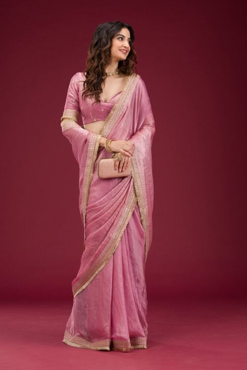 Elegant Pink Tissue Saree with Intricate Onion Threadwork