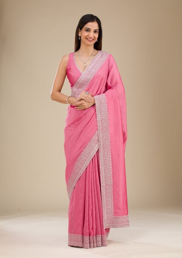 Elegant Pink Zariwork Soft Silk Saree with Onion Hue - Image 3