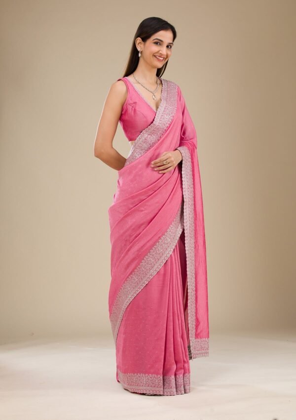 Elegant Pink Zariwork Soft Silk Saree with Onion Hue - Image 5
