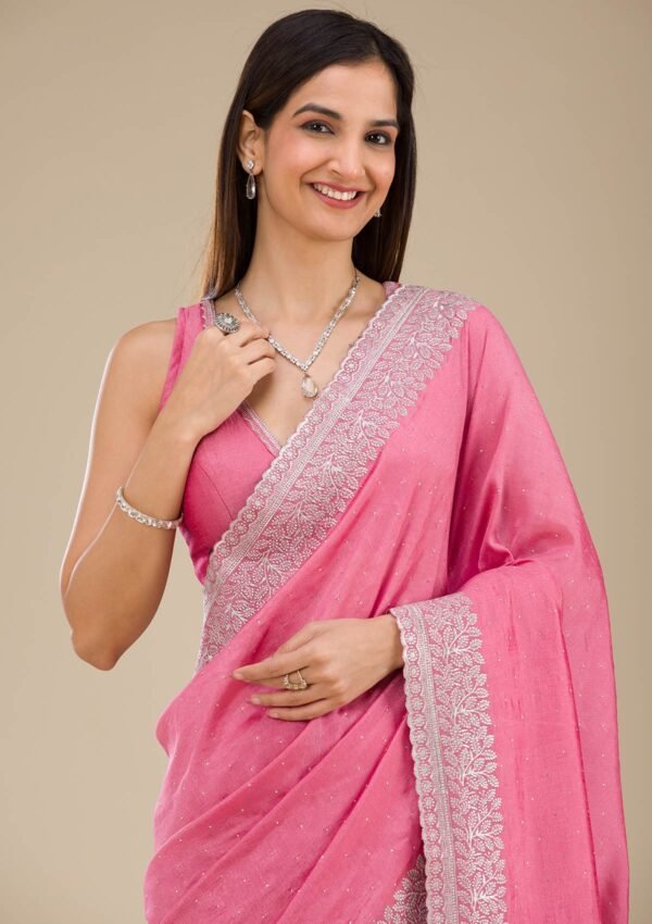 Elegant Pink Zariwork Soft Silk Saree with Onion Hue - Image 6