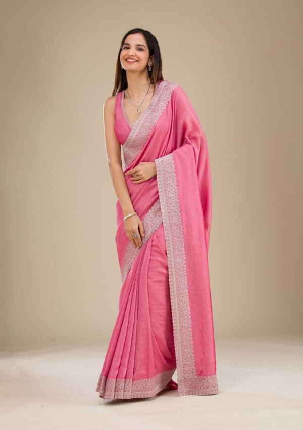 Elegant Pink Zariwork Soft Silk Saree with Onion Hue