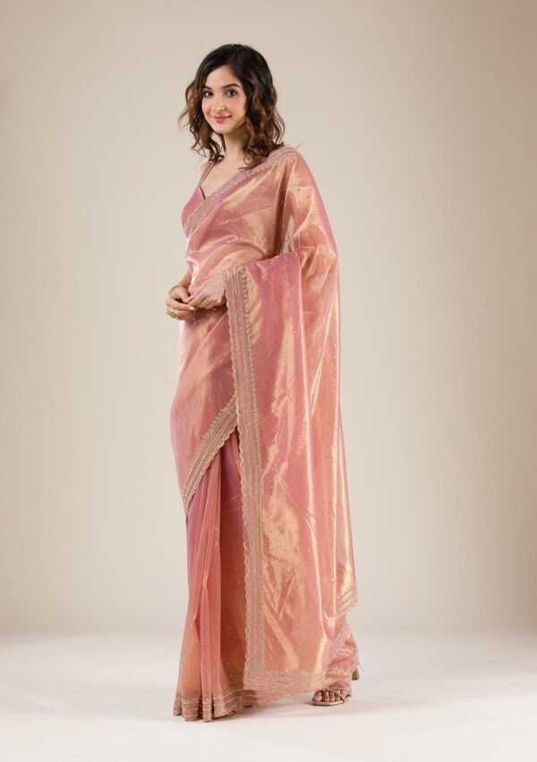 Elegant Pink Tissue Saree with Intricate Zari Work - Image 4