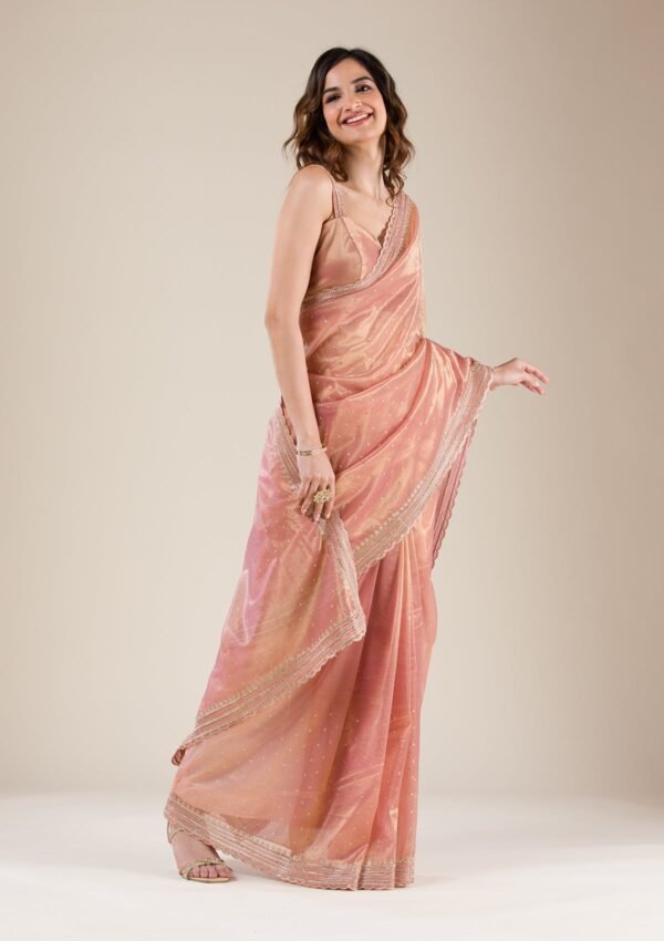 Elegant Pink Tissue Saree with Intricate Zari Work - Image 5