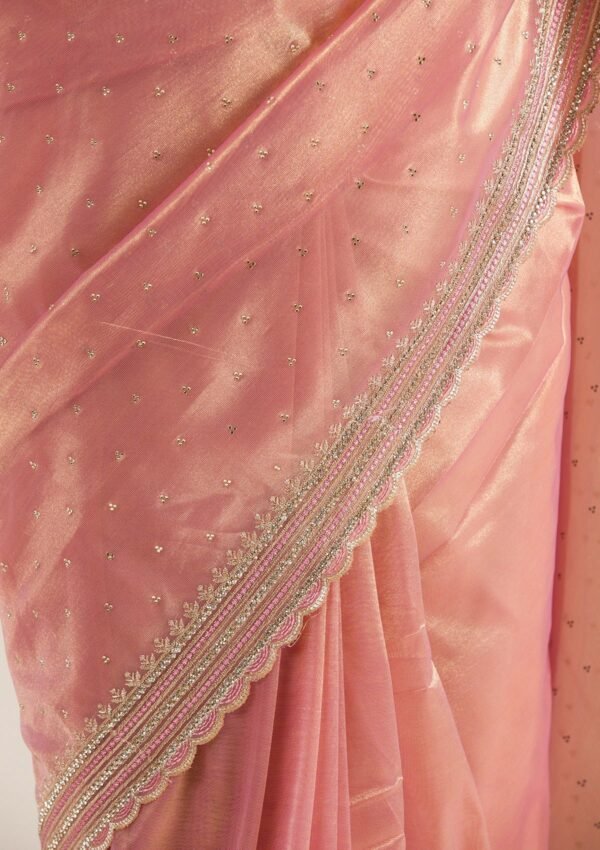 Elegant Pink Tissue Saree with Intricate Zari Work - Image 8