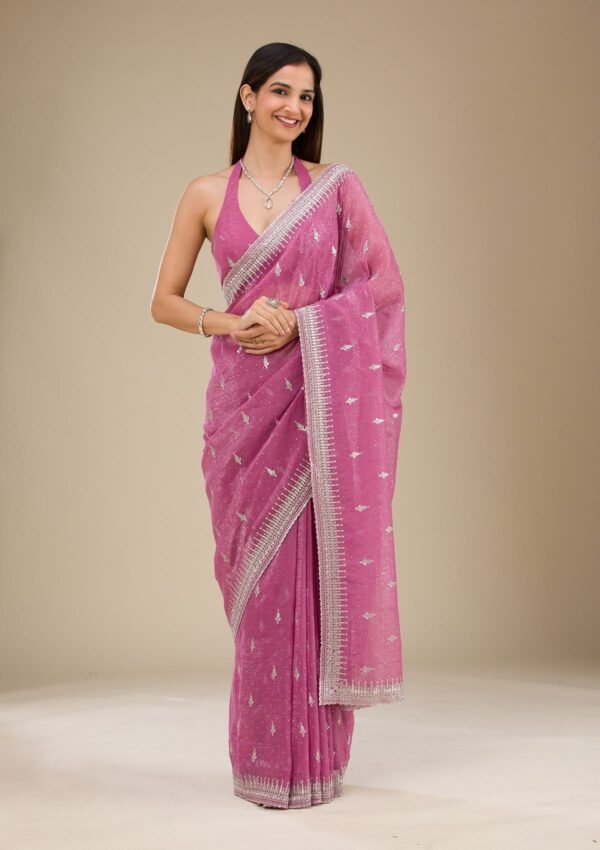 Elegant Pink Zariwork Tissue Saree with Onion Hues