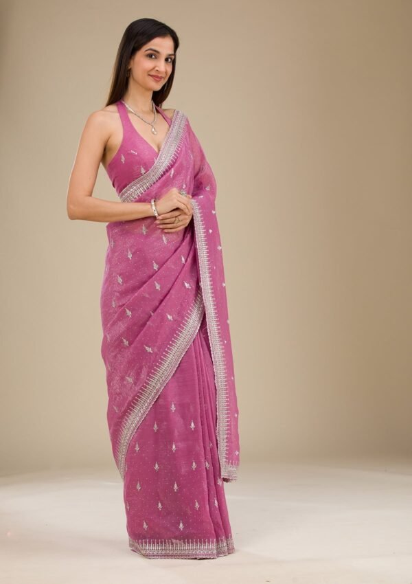 Elegant Pink Zariwork Tissue Saree with Onion Hues - Image 4