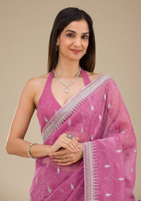 Elegant Pink Zariwork Tissue Saree with Onion Hues - Image 7