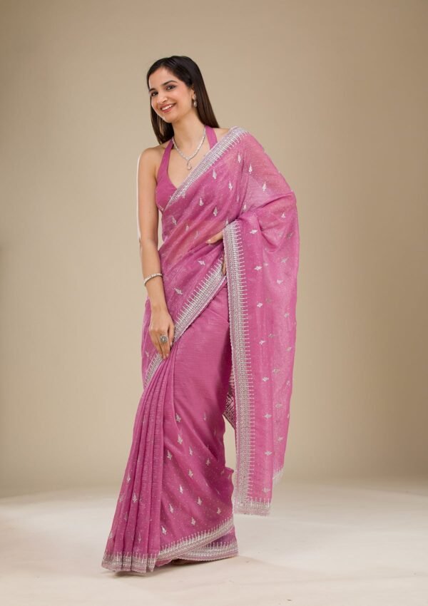 Elegant Pink Zariwork Tissue Saree with Onion Hues - Image 5