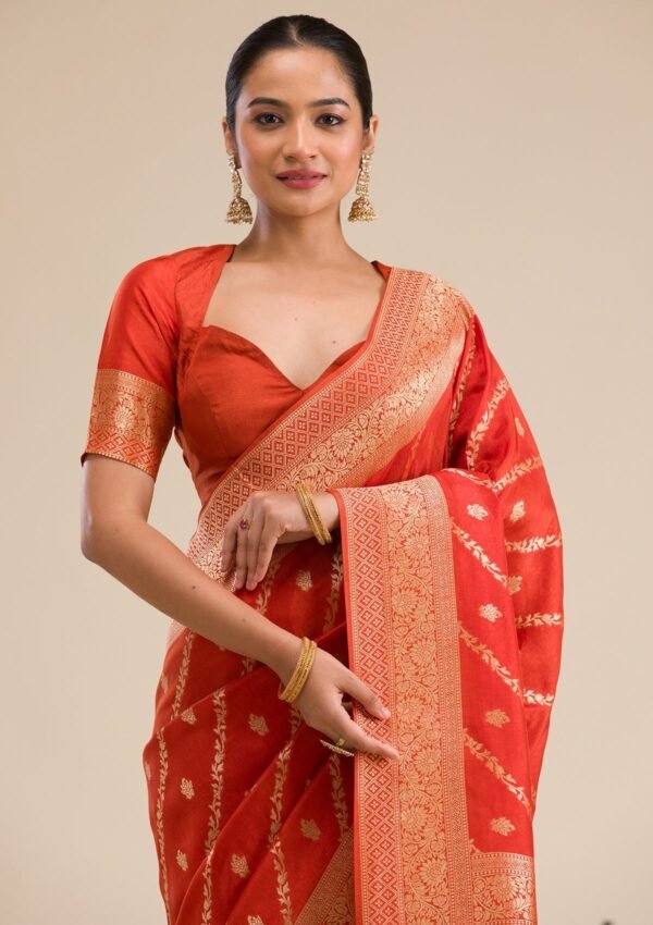 Elegant Orange Semi Crepe Saree with Stunning Zari Work - Image 5