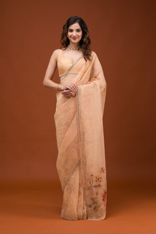 Charming Peach Tissue Saree with Elegant Prints