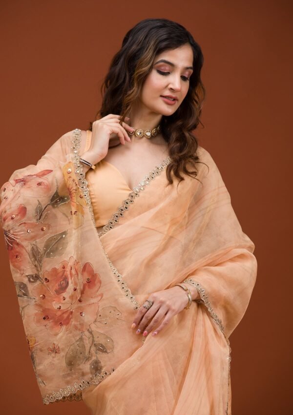 Charming Peach Tissue Saree with Elegant Prints - Image 7