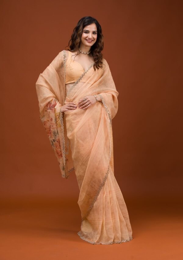 Charming Peach Tissue Saree with Elegant Prints - Image 5