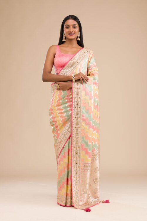 Elegant Peach Banarasi Silk Saree with Intricate Stonework