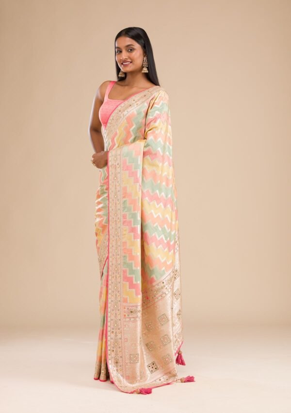 Elegant Peach Banarasi Silk Saree with Intricate Stonework - Image 3
