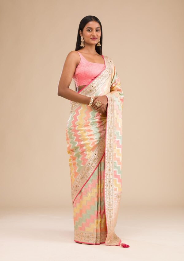 Elegant Peach Banarasi Silk Saree with Intricate Stonework - Image 4