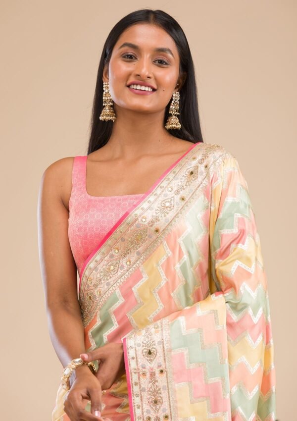 Elegant Peach Banarasi Silk Saree with Intricate Stonework - Image 6