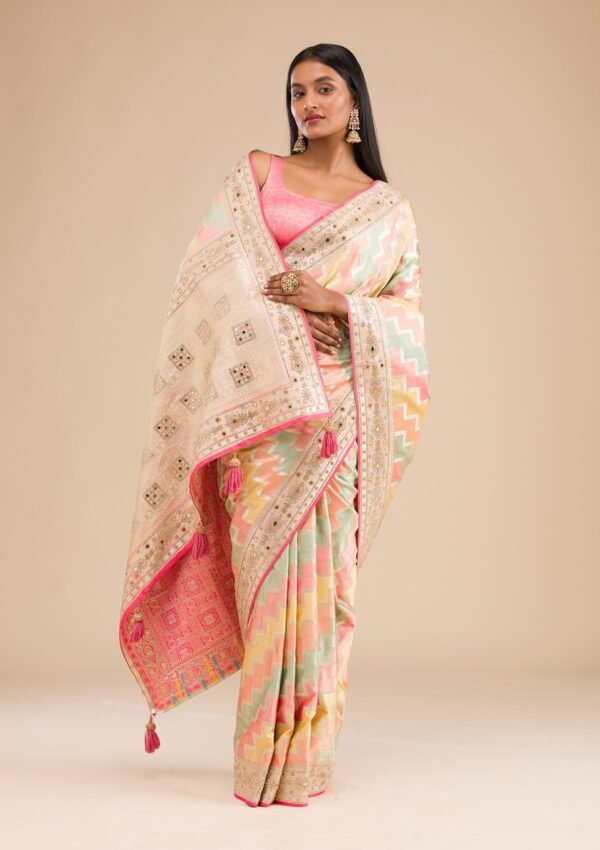 Elegant Peach Banarasi Silk Saree with Intricate Stonework - Image 5