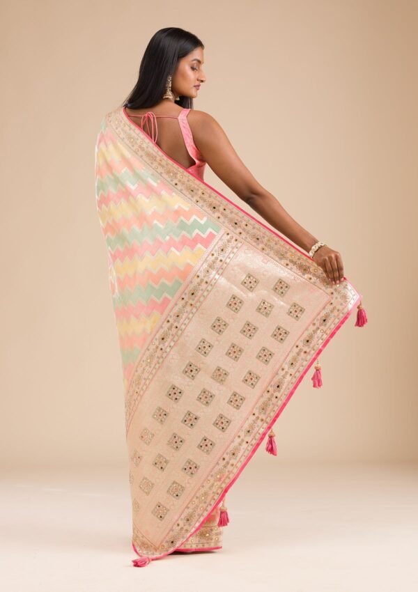 Elegant Peach Banarasi Silk Saree with Intricate Stonework - Image 2