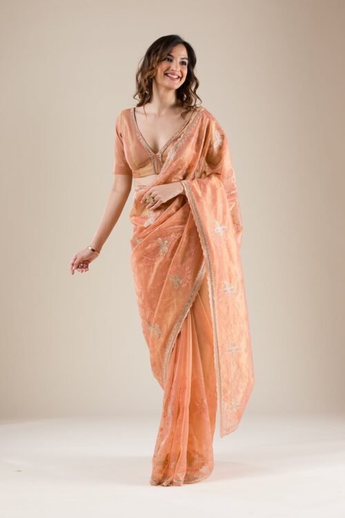 Elegant Peach Stonework Tissue Saree for Timeless Grace