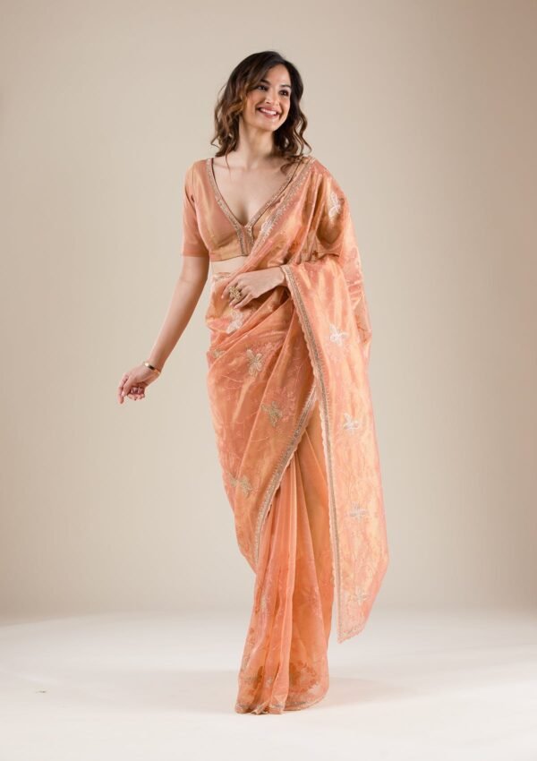 Elegant Peach Stonework Tissue Saree for Timeless Grace