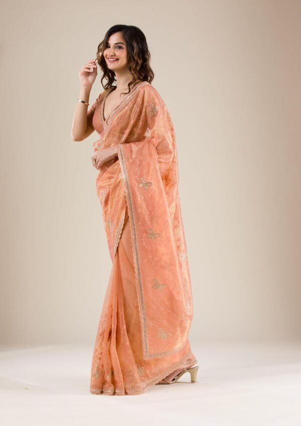 Elegant Peach Stonework Tissue Saree for Timeless Grace - Image 3