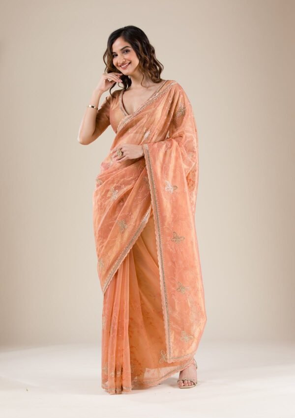 Elegant Peach Stonework Tissue Saree for Timeless Grace - Image 4