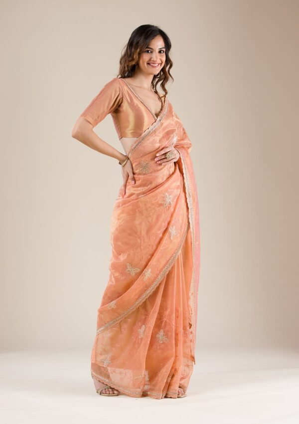 Elegant Peach Stonework Tissue Saree for Timeless Grace - Image 5