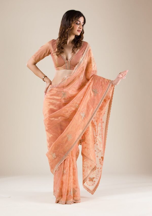 Elegant Peach Stonework Tissue Saree for Timeless Grace - Image 7
