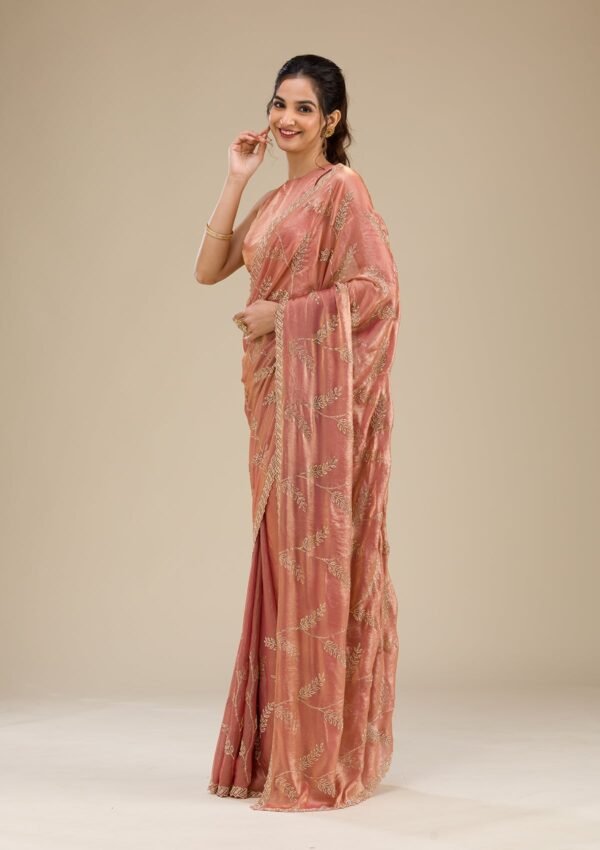 Elegant Peach Stonework Tissue Saree for a Glamorous Look - Image 3