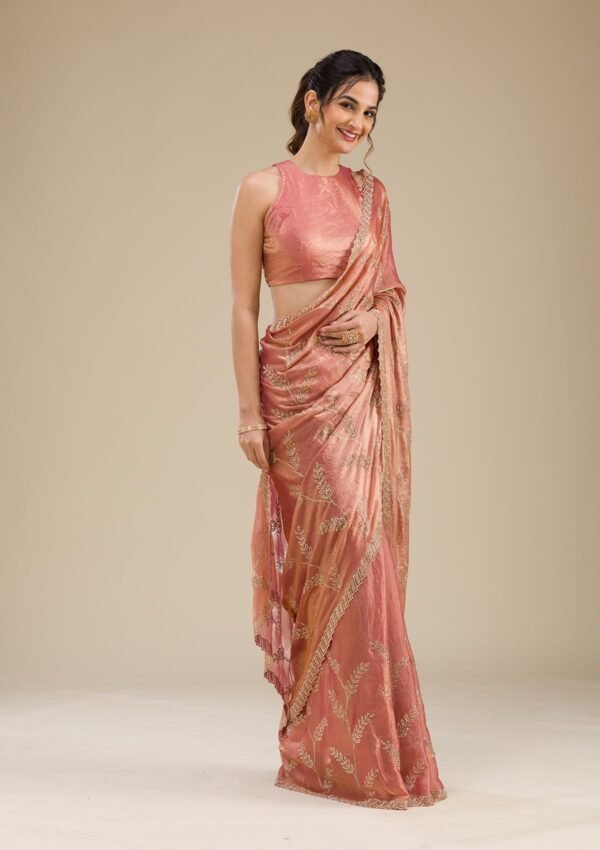 Elegant Peach Stonework Tissue Saree for a Glamorous Look - Image 4