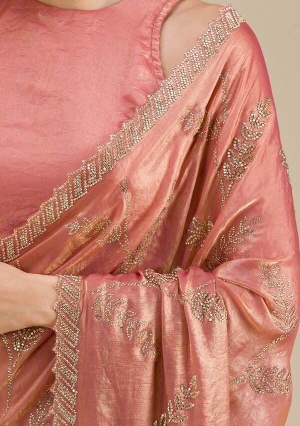 Elegant Peach Stonework Tissue Saree for a Glamorous Look - Image 7