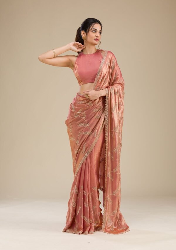 Elegant Peach Stonework Tissue Saree for a Glamorous Look - Image 5
