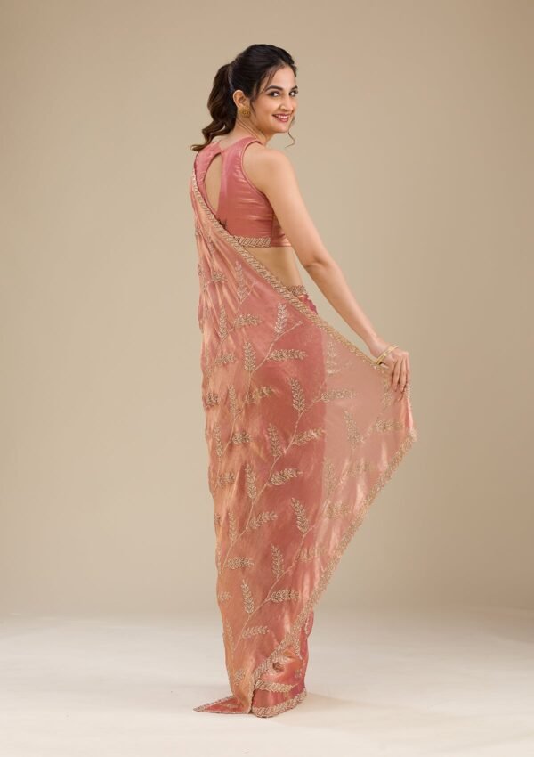 Elegant Peach Stonework Tissue Saree for a Glamorous Look - Image 2