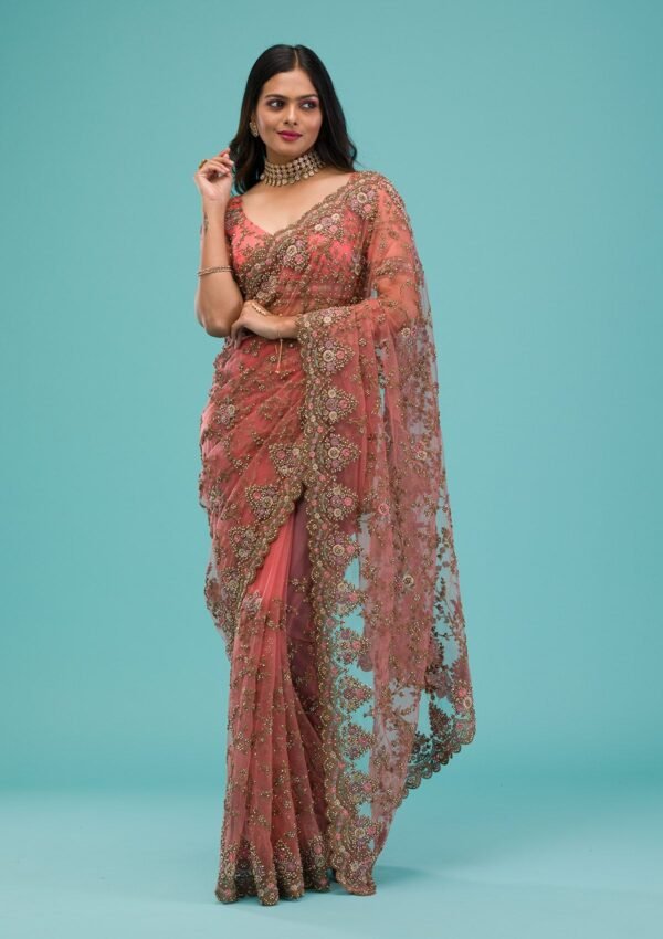 Elegant Peach Zariwork Net Saree - Image 4