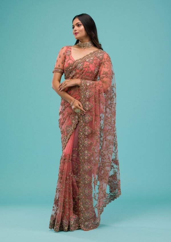 Elegant Peach Zariwork Net Saree - Image 5