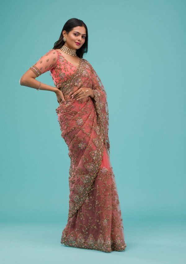 Elegant Peach Zariwork Net Saree - Image 6