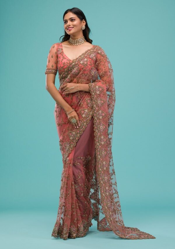 Elegant Peach Zariwork Net Saree