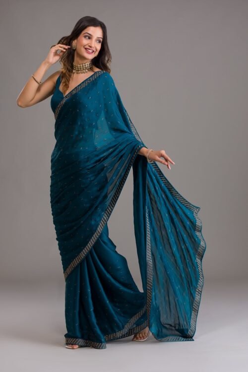 Stunning Peacock Blue Swarovski Embellished Semi Crepe Designer Saree