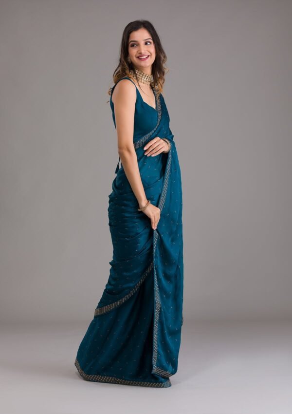 Stunning Peacock Blue Swarovski Embellished Semi Crepe Designer Saree - Image 5