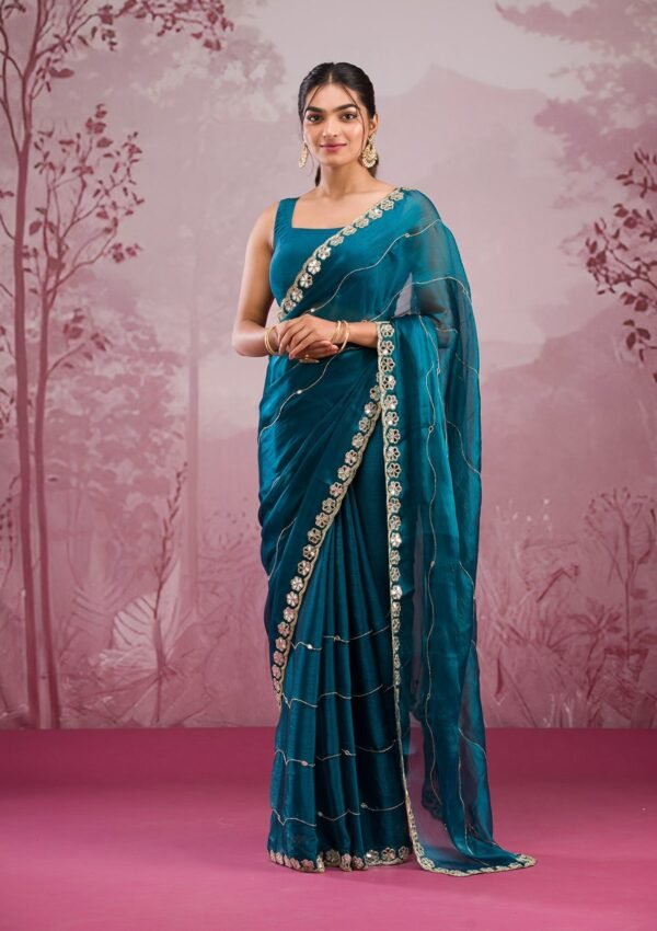 Stunning Peacock Blue Tissue Saree with Elegant Mirrorwork - Image 3