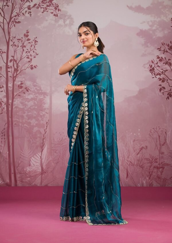 Stunning Peacock Blue Tissue Saree with Elegant Mirrorwork - Image 4